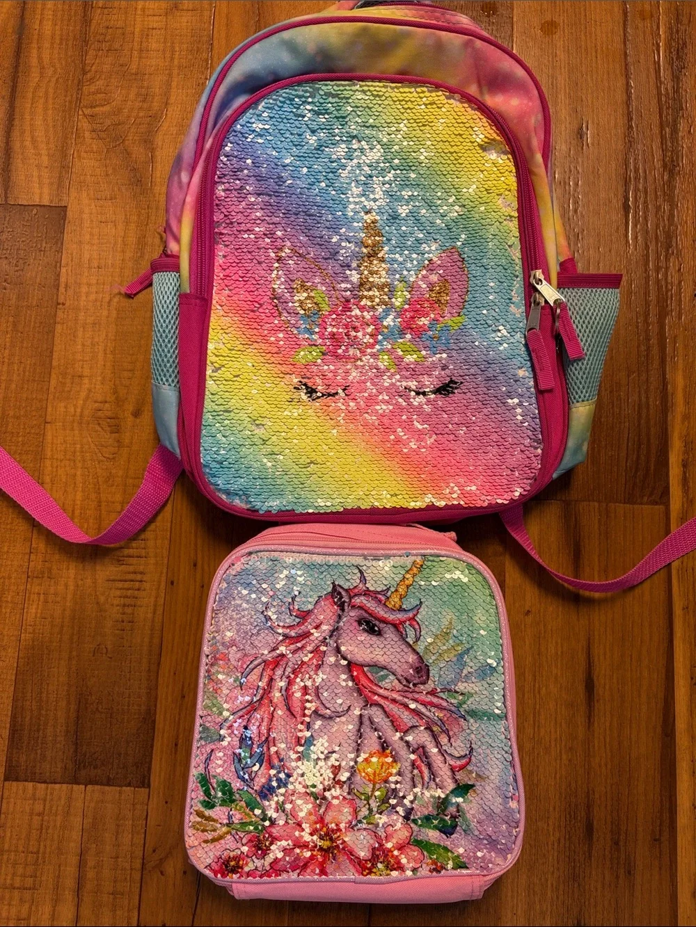 Unicorn Rainbow Sequin Backpack & Lunch Bag Set - Pink Multicolor EUC
